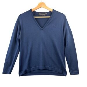Givenchy Vintage Navy Blue V-Neck Knit Sweater Embroidered GG Logo Size 36